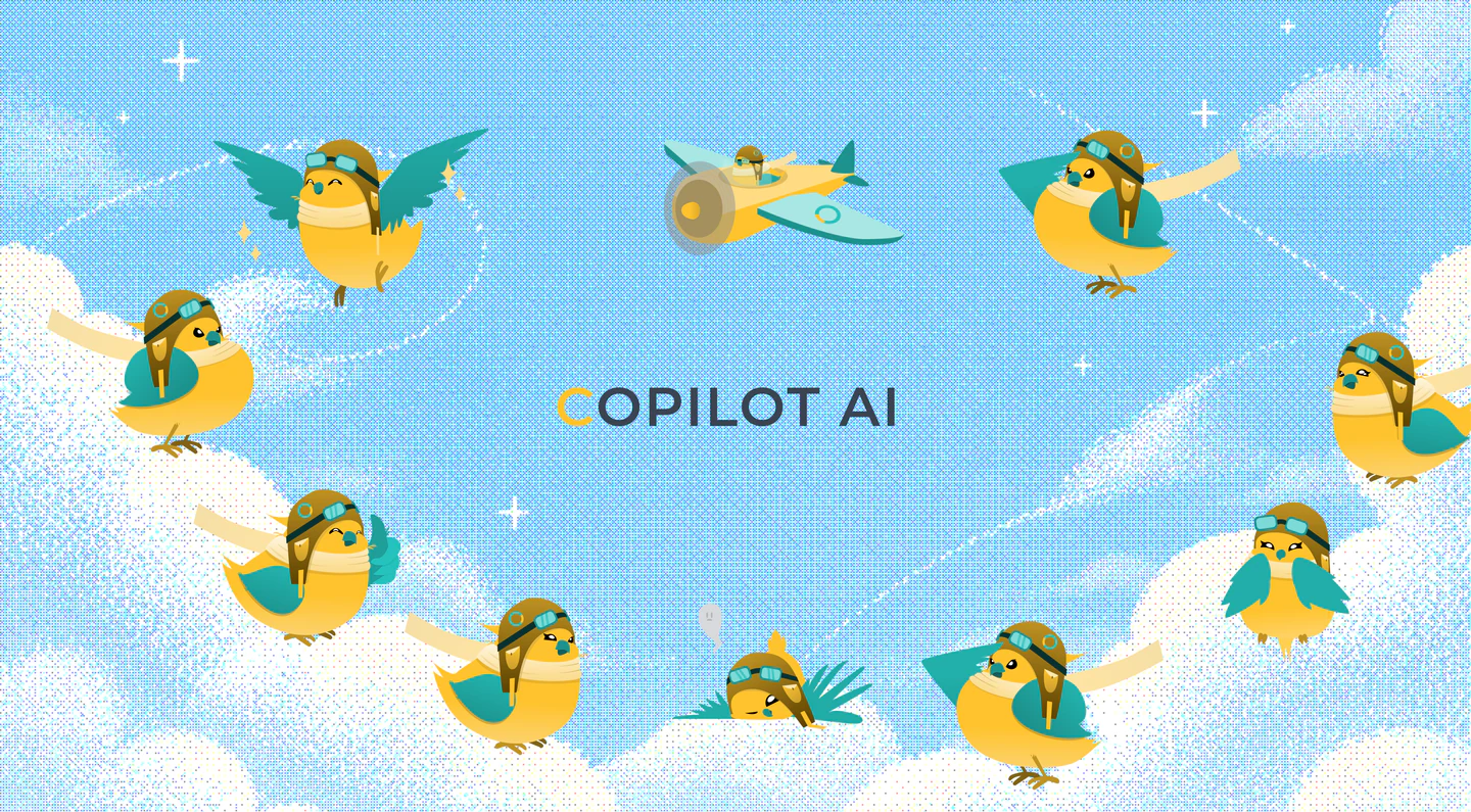 CoPilot AI branding cover with flying birdie illustrations